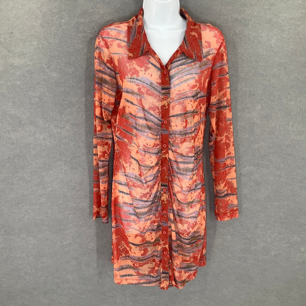 Wild‎ Fable Dress Womens Sz M Mesh Button Up Ruched Coral Tie Dye Festival Rodeo